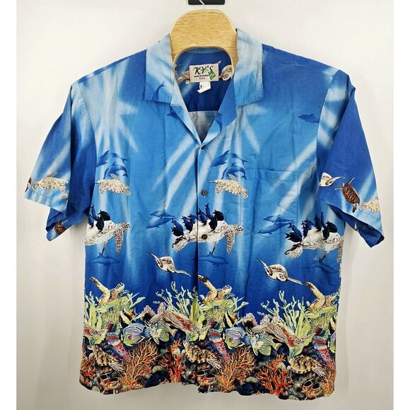VINTAGE KYS Hawaiian Camp Shirt‎ Size 2XL Blue Beach Trip Cruise Made USA Hawaii - Picture 1 of 9